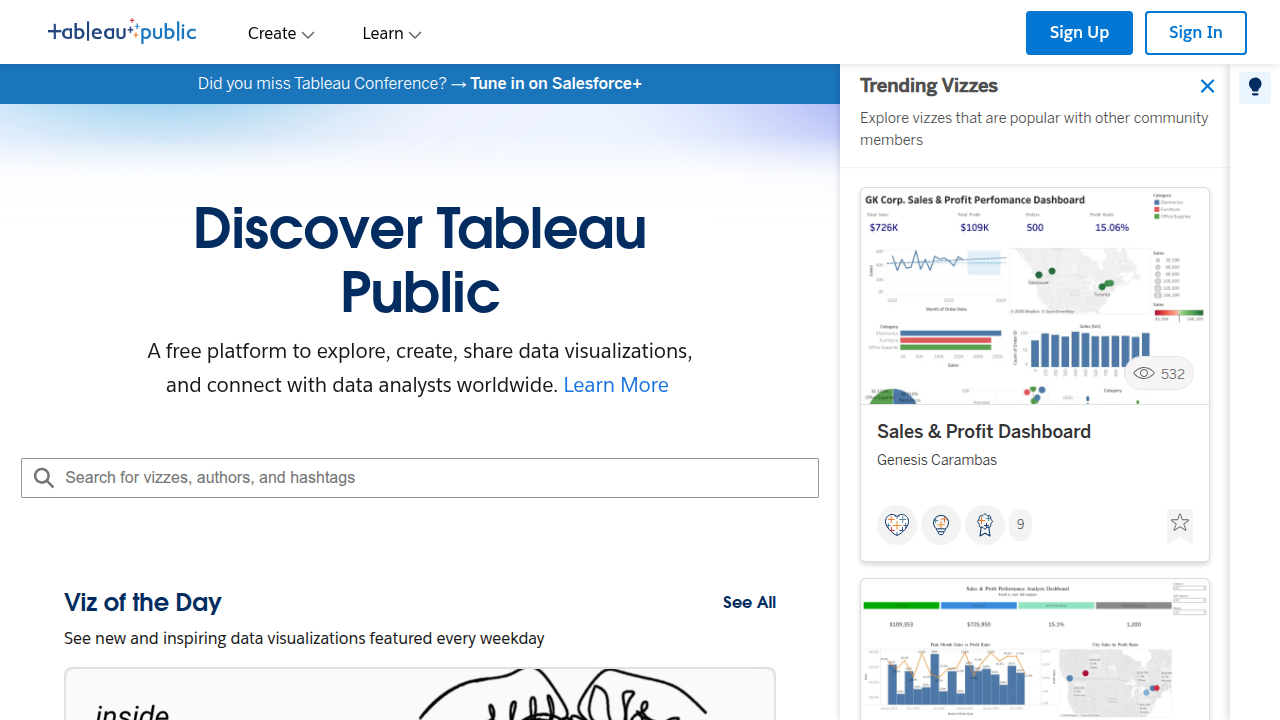 Tableau Public homepage, showcasing examples of interactive data visualizations and free desktop software download.