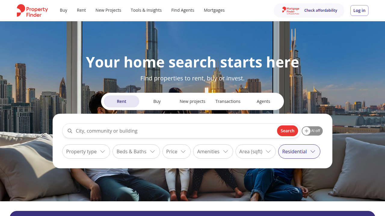Screenshot of Property Finder, a leading real estate platform in Dubai, showcasing its interface for property listings and market insights.