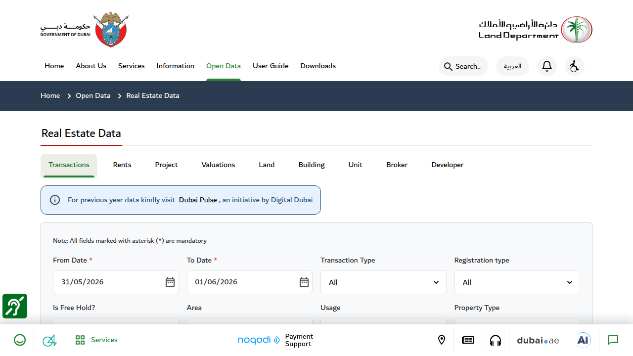 The official Dubai Land Department portal, a primary source for real-time transaction and rental data in the region.