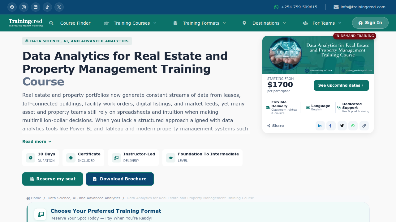 TrainingCred's specific course page for Data Analytics in Real Estate, detailing curriculum for property management.