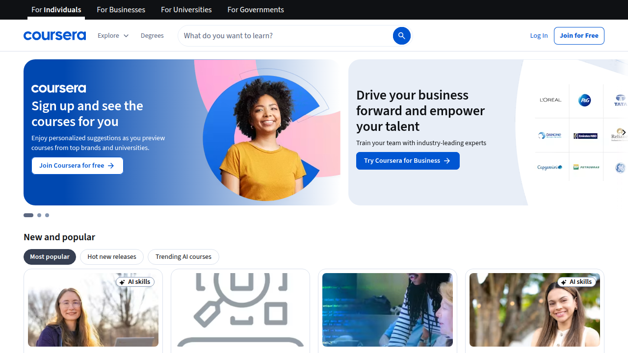 The Coursera platform homepage, where the Google Data Analytics Professional Certificate is hosted, offering a gateway to online learning.
