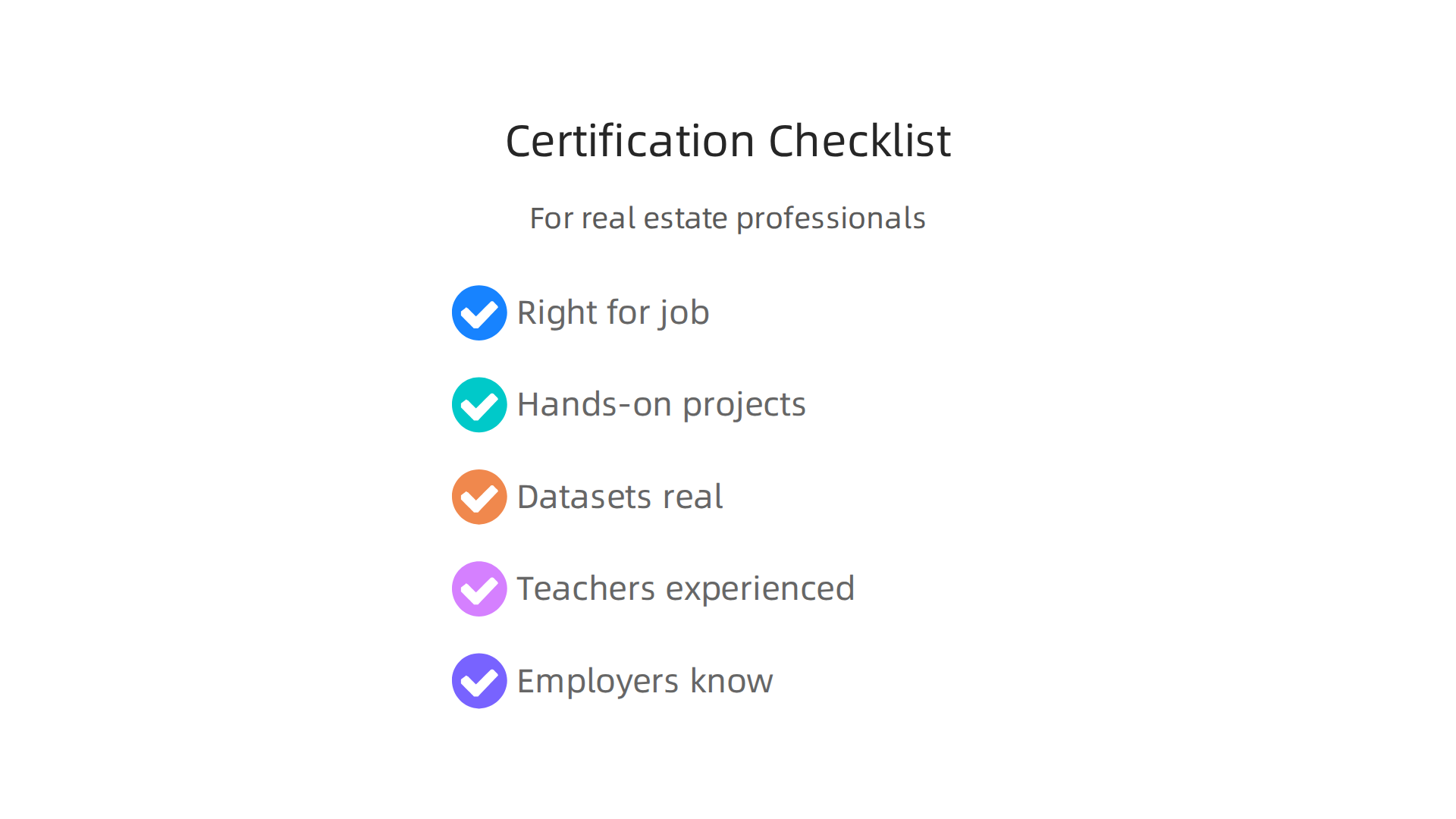 A checklist infographic to help real estate professionals evaluate and choose the most suitable data analytics certification.