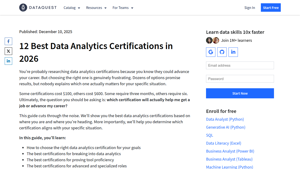 Screenshot of DataQuest's guide to the best data analytics certifications, a resource for real estate professionals.