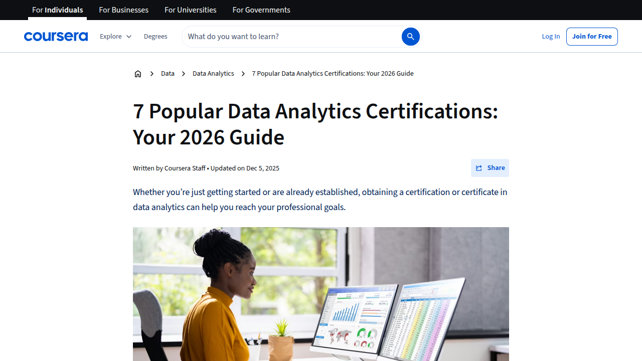 Screenshot of Coursera's article detailing popular data analytics certifications that can benefit real estate careers.