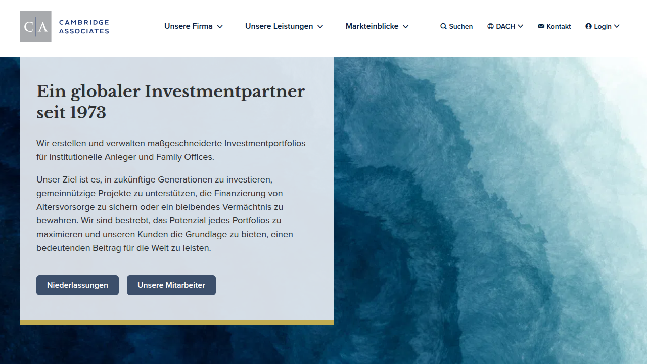 Screenshot of the Cambridge Associates homepage, a source for real estate market benchmark reports and insights.