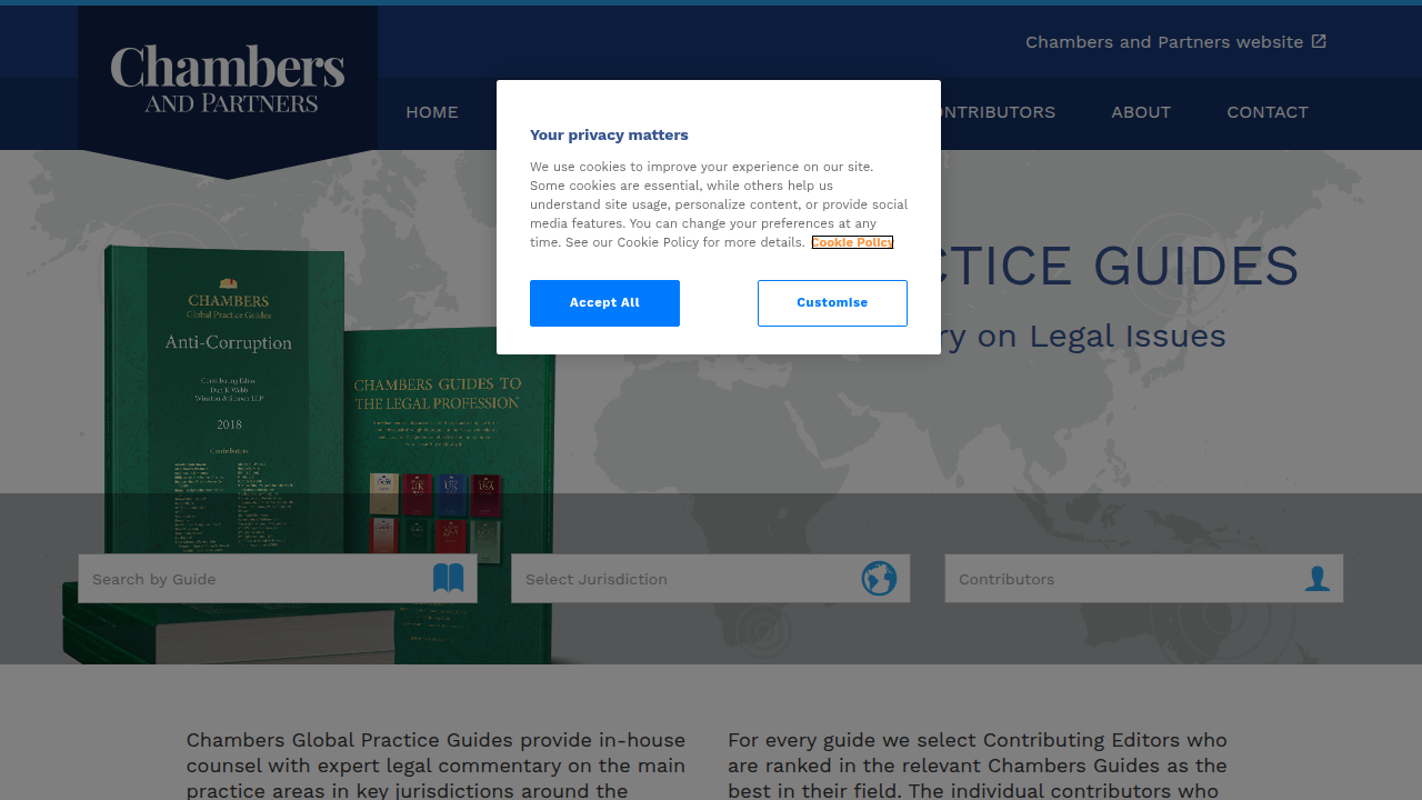 Screenshot of the Chambers and Partners Practice Guides homepage, where legal information on data protection in the UAE can be found.